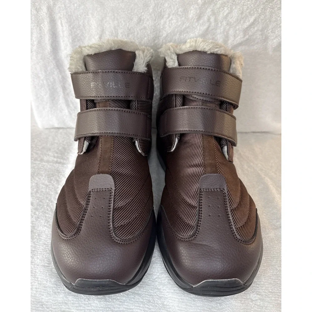 FitVille Mens Winter Snow Boots Fur Lined Hook Loop Brown 11.5EW CozyCore V3